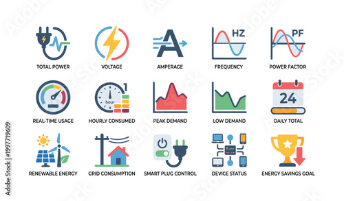 Energy and power icons illustrating consumption metrics and controls
