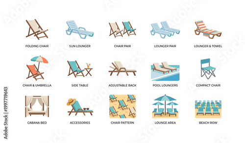 Beach and pool lounger icons arranged in labeled grid layout