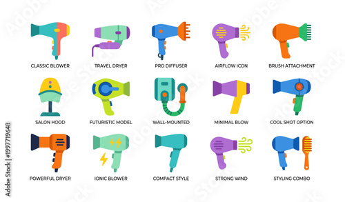 Hair dryer icons arranged in grid on white background