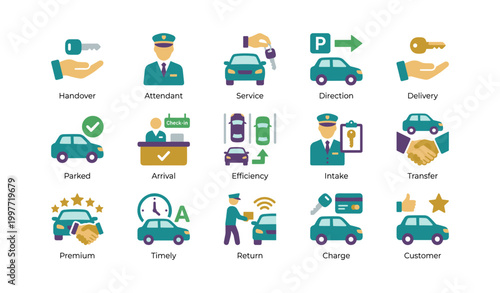 Car rental and parking service icons showing vehicles and staff