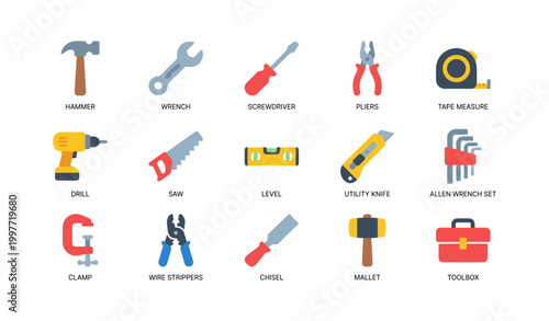Hand tools and workshop icons arranged in rows on white background