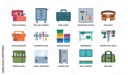 Tool storage and organization icons arranged on white grid