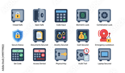 Safe and security icons showing safes and locks on white