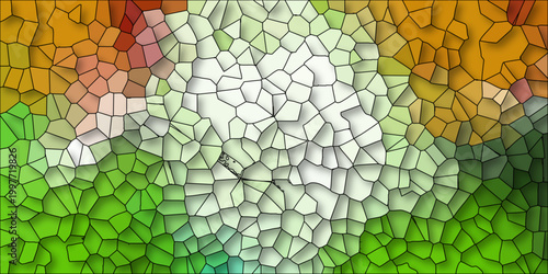 Abstract geometric mosaic pattern with vibrant gradient of green orange and white creating a stained glass effect with irregular polygon shapes and subtle shadow casting for textured backgrounds