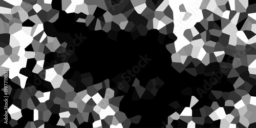Abstract grayscale geometric pattern with a central dark void surrounded by fragmented polygonal shapes and white accents