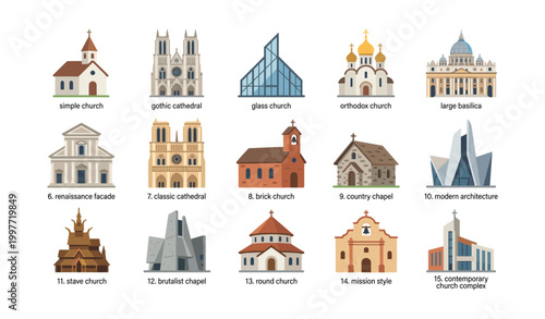 Collection of church types arranged in a grid layout