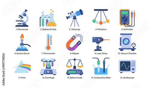 Laboratory equipment icons arranged in grid on white background