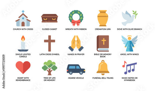 Funeral and remembrance icons showing memorial symbols on white