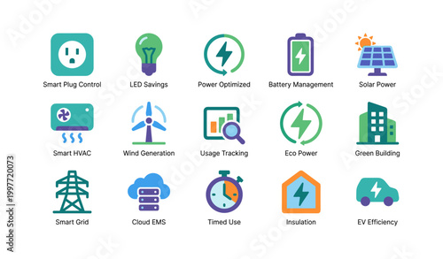 Energy efficiency and smart power icons arranged in grid