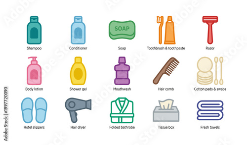Toiletries and bathroom amenity icons displayed on white background