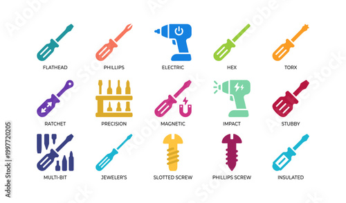 Screwdriver and driver bit icons arranged in grid on white background