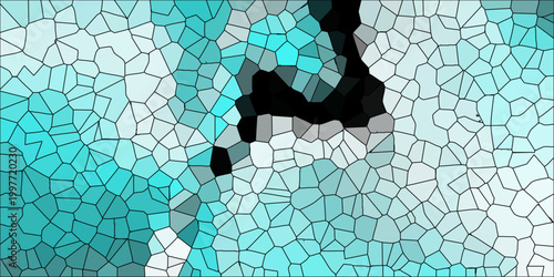 Vibrant abstract mosaic with turquoise and grey tones, irregular polygons, and black outlines creating a dynamic, textured background for digital art