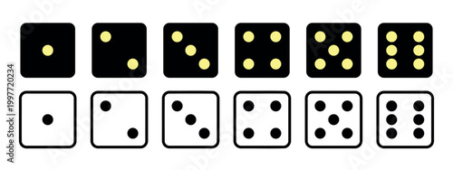 dice icon set with all six faces in black color and in outline style, game die vector symbols