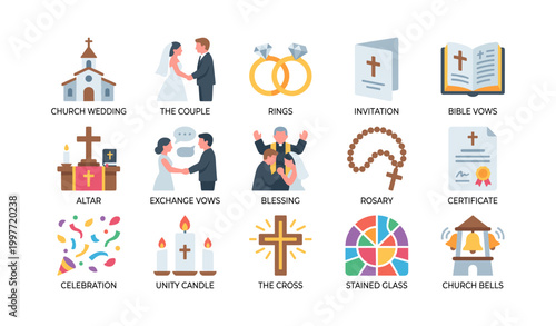 Wedding and church icons showing marriage symbols and items
