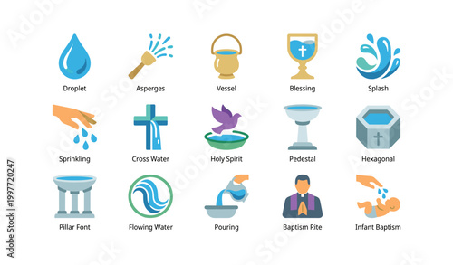 Baptism and water icons displayed in grid on white background