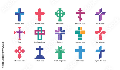 Cross symbol icons displayed in multiple styles on white