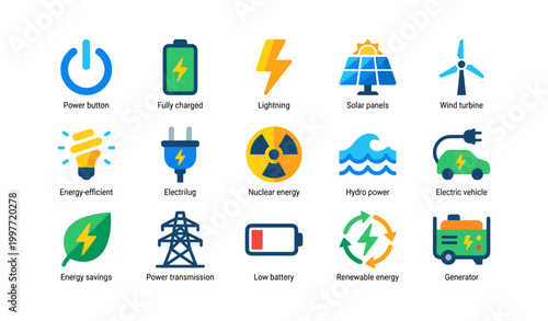 Energy and power icons showing sources and efficiency in grid