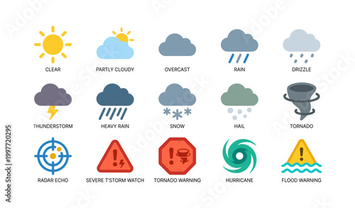 Weather icons showing conditions and warnings on white background
