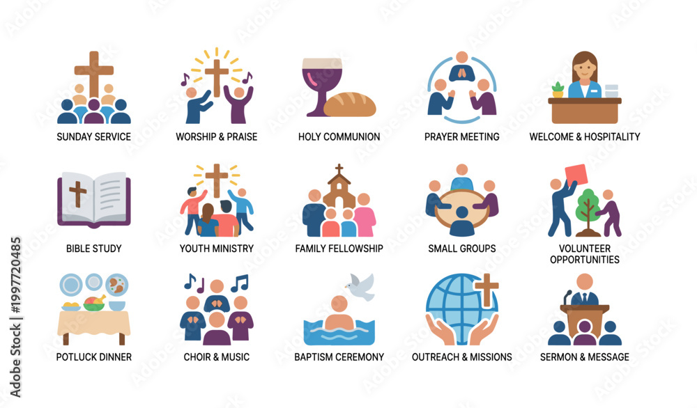 Fototapeta premium Church activity icons showing services meetings and community events