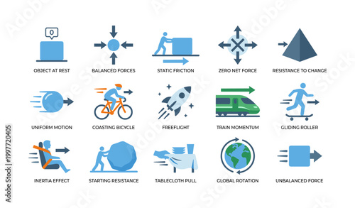 Motion and force icons arranged in grid on white background