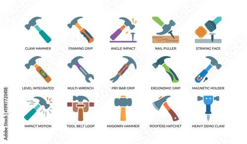 Hammer and tool icons arranged in grid on white background