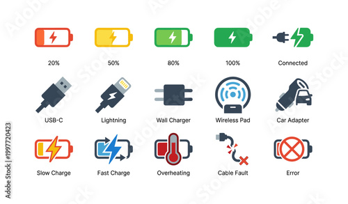 Battery and charging icons illustrating charge levels and connectors