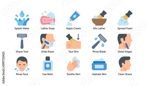 Shaving steps icons showing grooming actions in grid layout