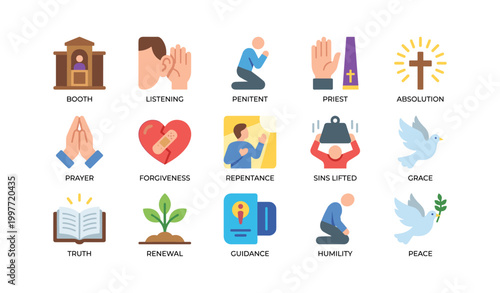 Religious confession and forgiveness icons arranged on white background
