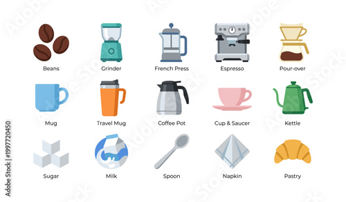Coffee and beverage icons showing equipment and cafe supplies