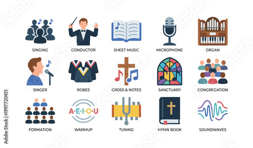 Church music icons showing choir activities and musical elements