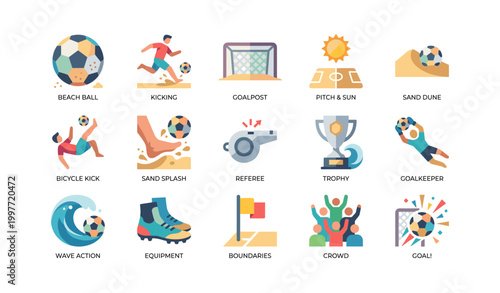 Beach soccer icons showing play and gear on white background