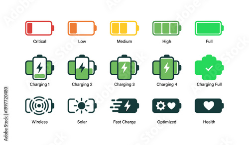 Battery level and charging icons showing status and functions