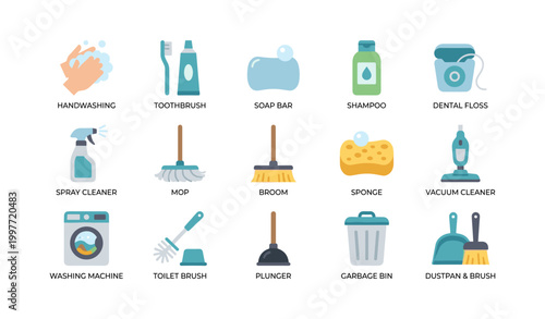 Household cleaning and personal hygiene icons on white background
