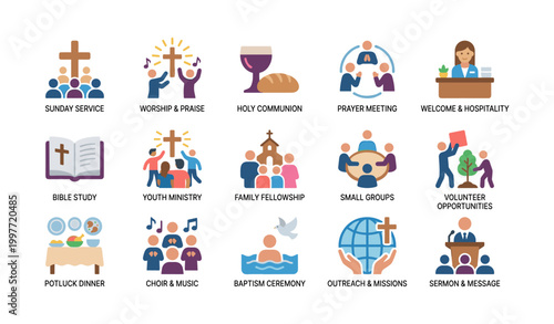 Church activity icons showing services meetings and community events