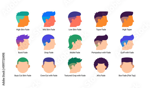 Male haircut icons showing various fade styles in profiles