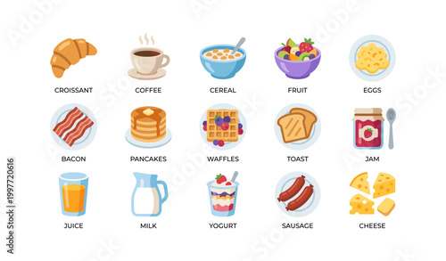 Breakfast food icons arranged in grid on white background