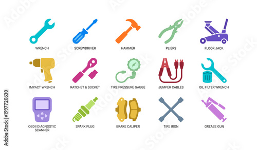 Automotive tool and repair icons displayed in grid on white background