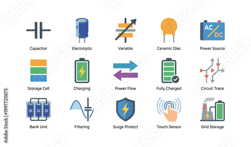 Electronic and battery icons showing capacitors and power on white