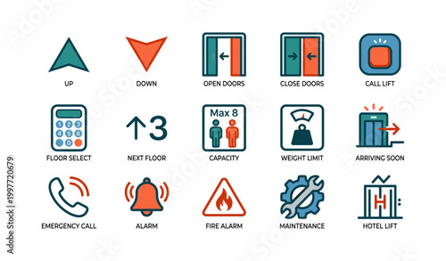 Elevator and lift icons showing controls and safety symbols on white