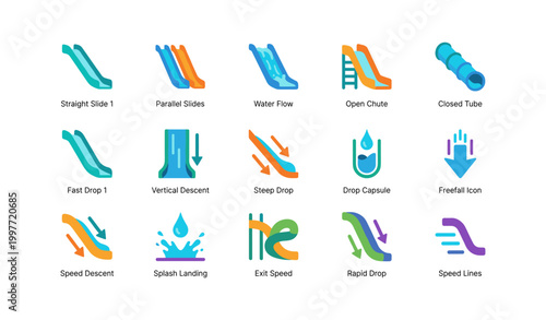Water slide and ride icons showing slide types and drop elements