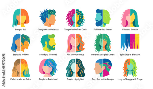 Hair transformation icons showing before and after on white background