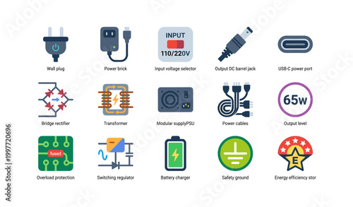 Power supply and electrical component icons showing connectors