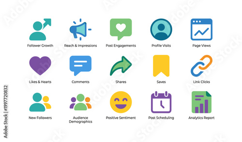 Social media metrics and analytics icons on white background