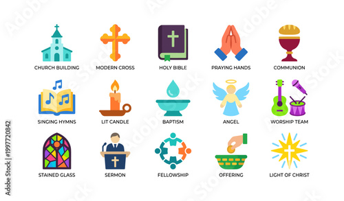 Collection of christian worship and church icons on white background