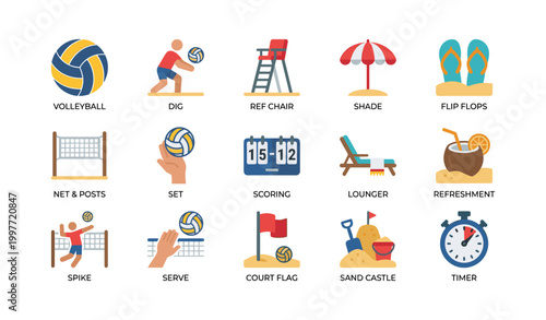 Beach volleyball icons showing equipment actions and beach setting