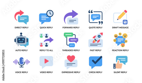 Assorted message reply and communication icons on white background