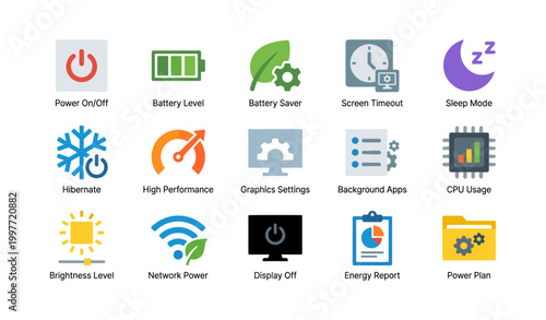 Power management and performance icons arranged in grid on white