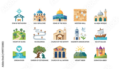 Religious landmark icons arranged in grid on white background