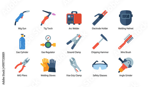 Welding tools and safety icons arranged in grid on white