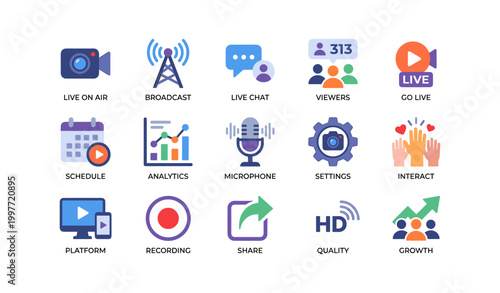 Live streaming and broadcasting icons for chat analytics and sharing